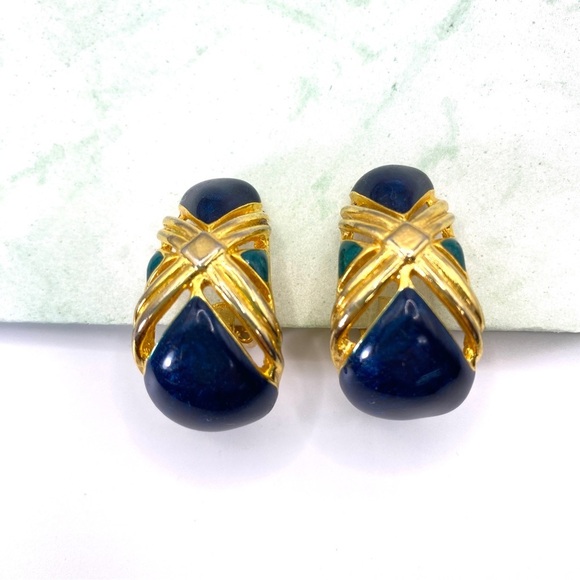 Chunky Gold Half Hoop Enamel Vintage Clip-On Earrings - Picture 2 of 9